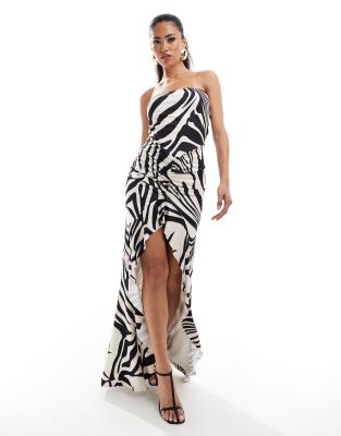 Murci Bandeau Thigh Split Maxi Dress In Zebra Print-multi