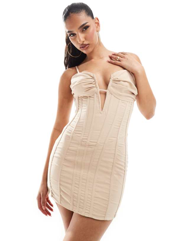 Murci - boned corset deep plunge bodycon mini dress in beige