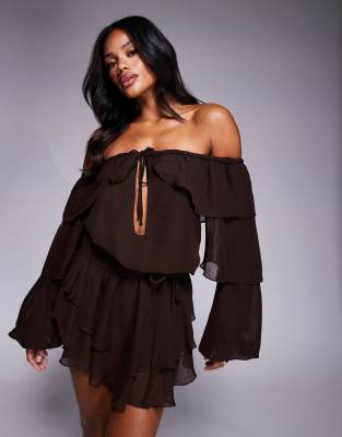 Murci Murci chiffon bardot tiered ruffle mini dress in chocolate-Brown
