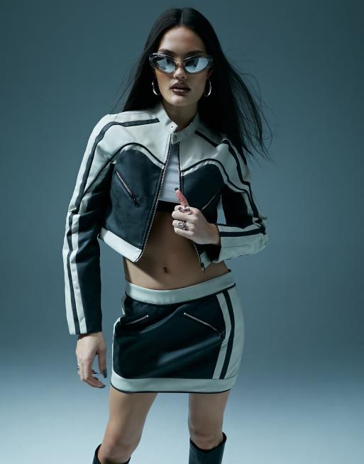 Murci cropped leather look biker jacket co-ord in black with cream