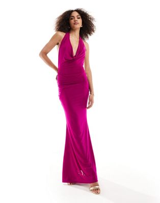 deep cowl neck fishtail maxi dress in fuchsia-Pink