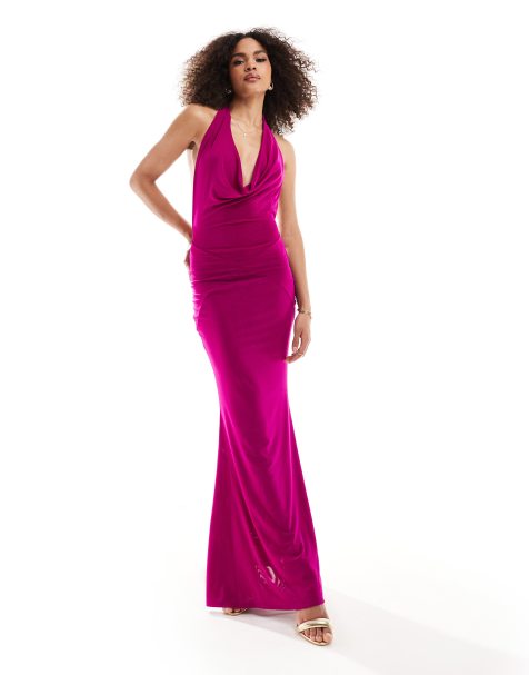 Murci deep cowl neck fishtail maxi dress in fuchsia - view 1