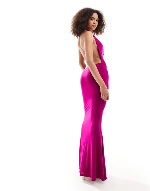 Murci deep cowl neck fishtail maxi dress in fuchsia