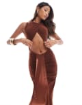 [Murci] Murci drape detail cut out high neck maxi dress in brown 14 BROWN