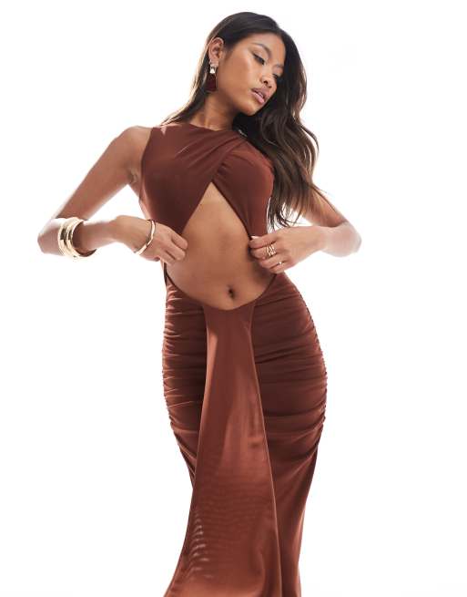 Murci drape detail cut out high neck maxi dress in brown