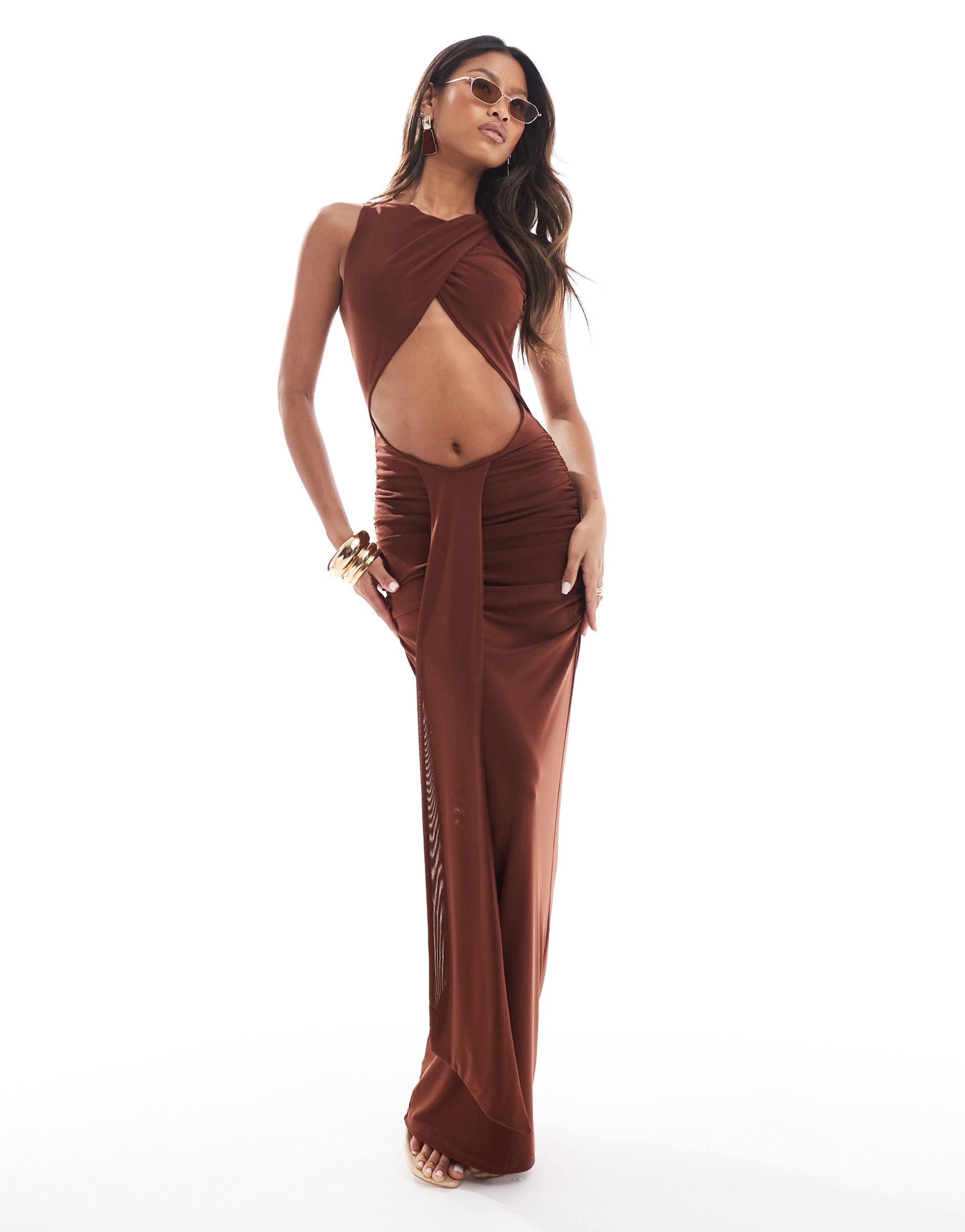 murci drape detail cut out high neck maxi dress in brown