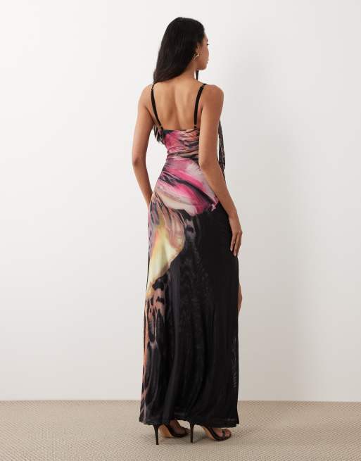 Murci – Drapiertes, hochwertiges Netzstoff-Maxikleid mit Wasserfallausschnitt, hohem Schlitz und Leoparden- und Orchideenmuster, 4 von 4