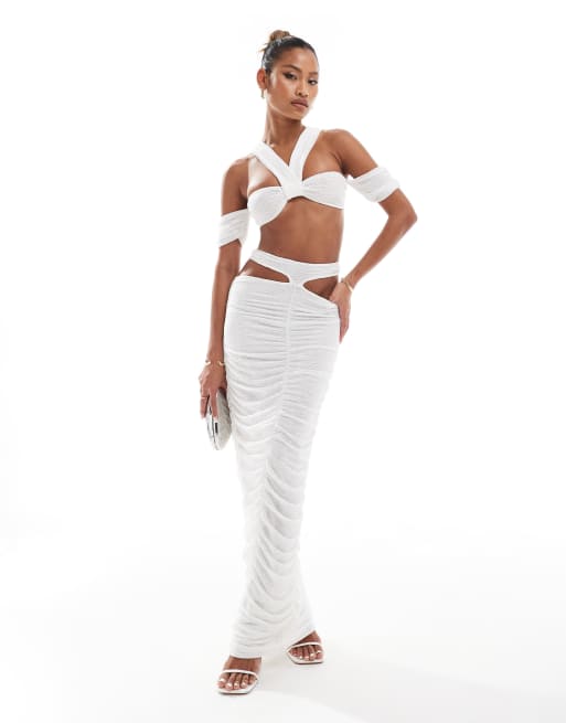 Murci - Ensemble texturé avec top à découpe et encolure américaine et jupe longue froncée - Blanc