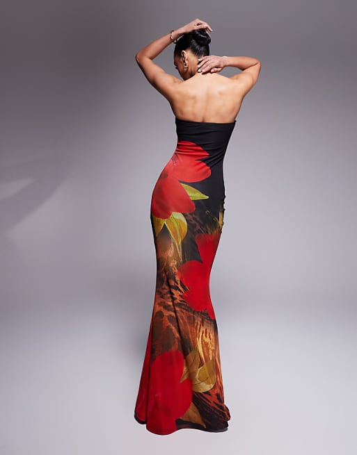 black and red maxi dress Floral Halter Neck With Slit Adjustable Spaghetti Straps One Sleeve Floral Crystal Maxi