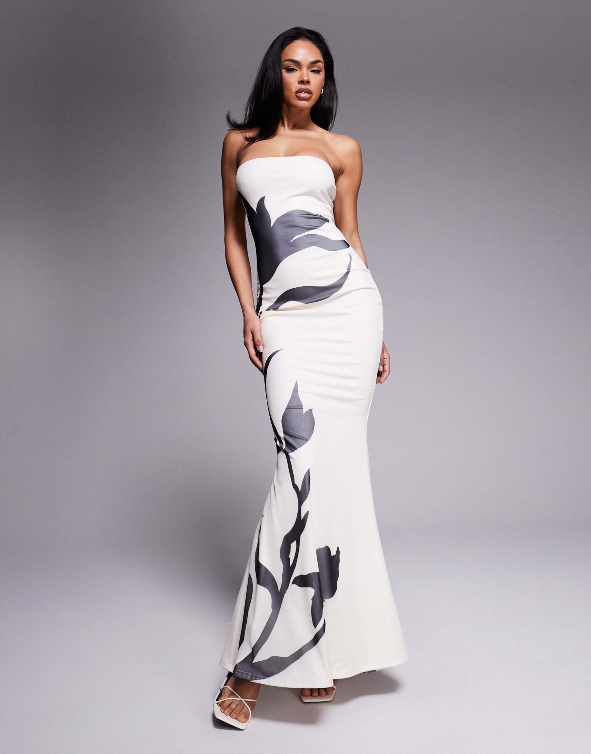 murci exclusive bandeau mesh fishtail maxi dress in white with black flower
