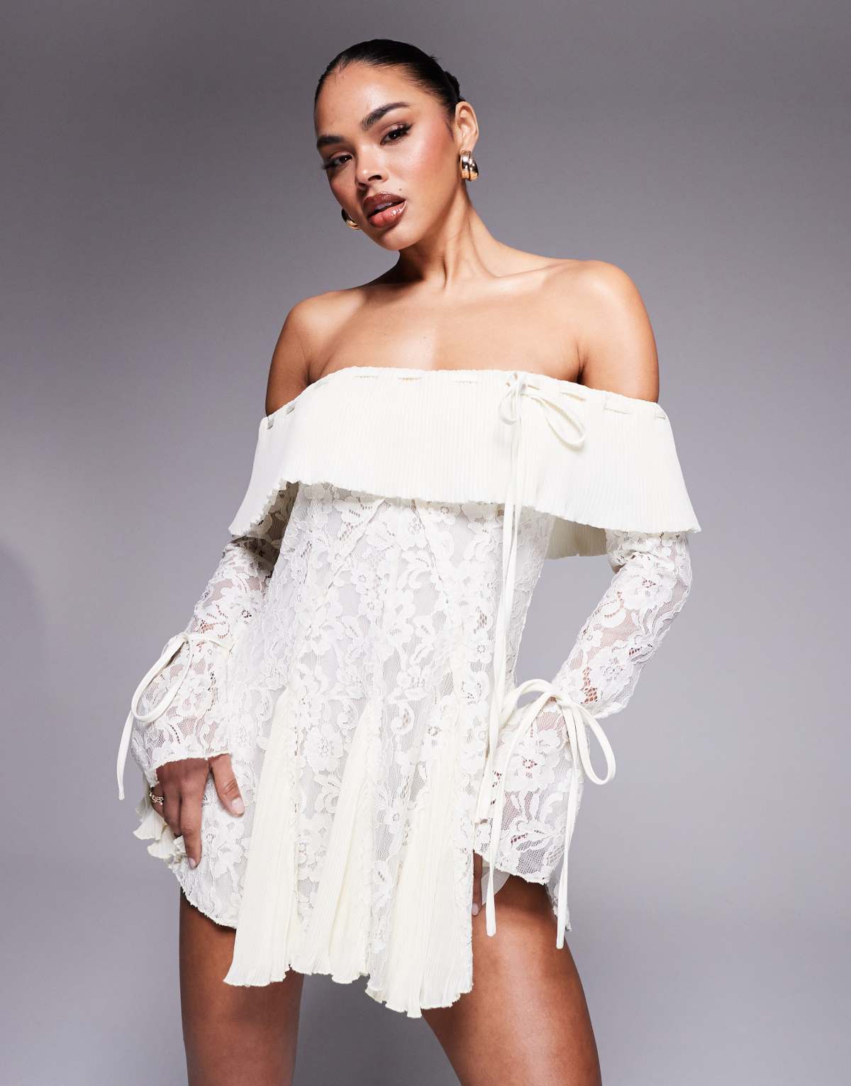 Murci exclusive bardot fit and flare lace mini dress in cream