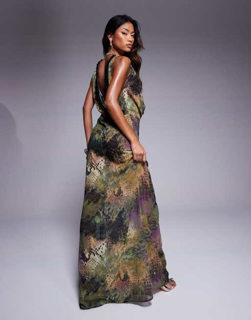 Murci exclusive chiffon cowl neck low back lace detail maxi dress in multi snake print, 2 of 4