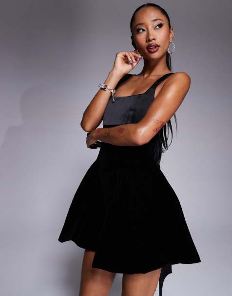 Murci exclusive satin contrast velvet square neck flippy hem bow tie back mini dress in black