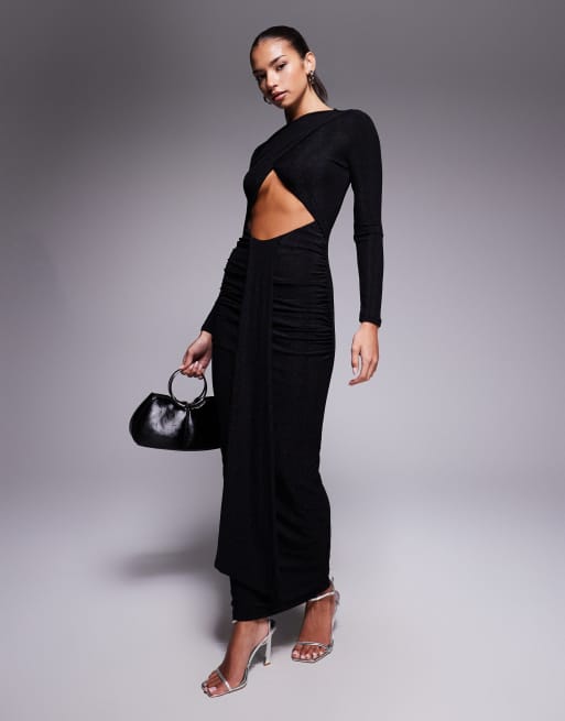 Murci Exclusive – Czarna brokatowa sukienka maxi z prostym dekoltem i skrzyżowanym przodem z wycięciem i drapowaniem