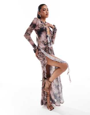 Murci exclusive deep plunge ruffle shirt & skirt set in animal print-Multi