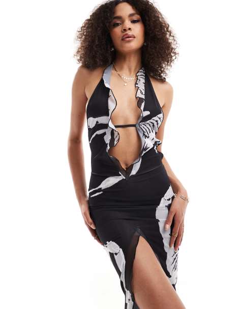 Murci exclusive deep v ruffle trim halterneck open back midaxi dress in black scorpion print - view 1