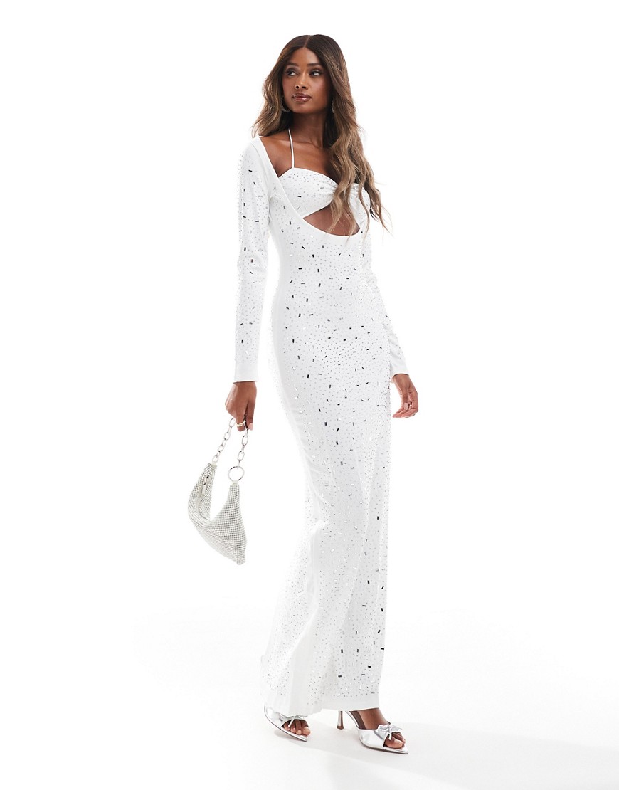 Murci Exclusive Diamante Cut Out Long Sleeve Maxi Dress In White
