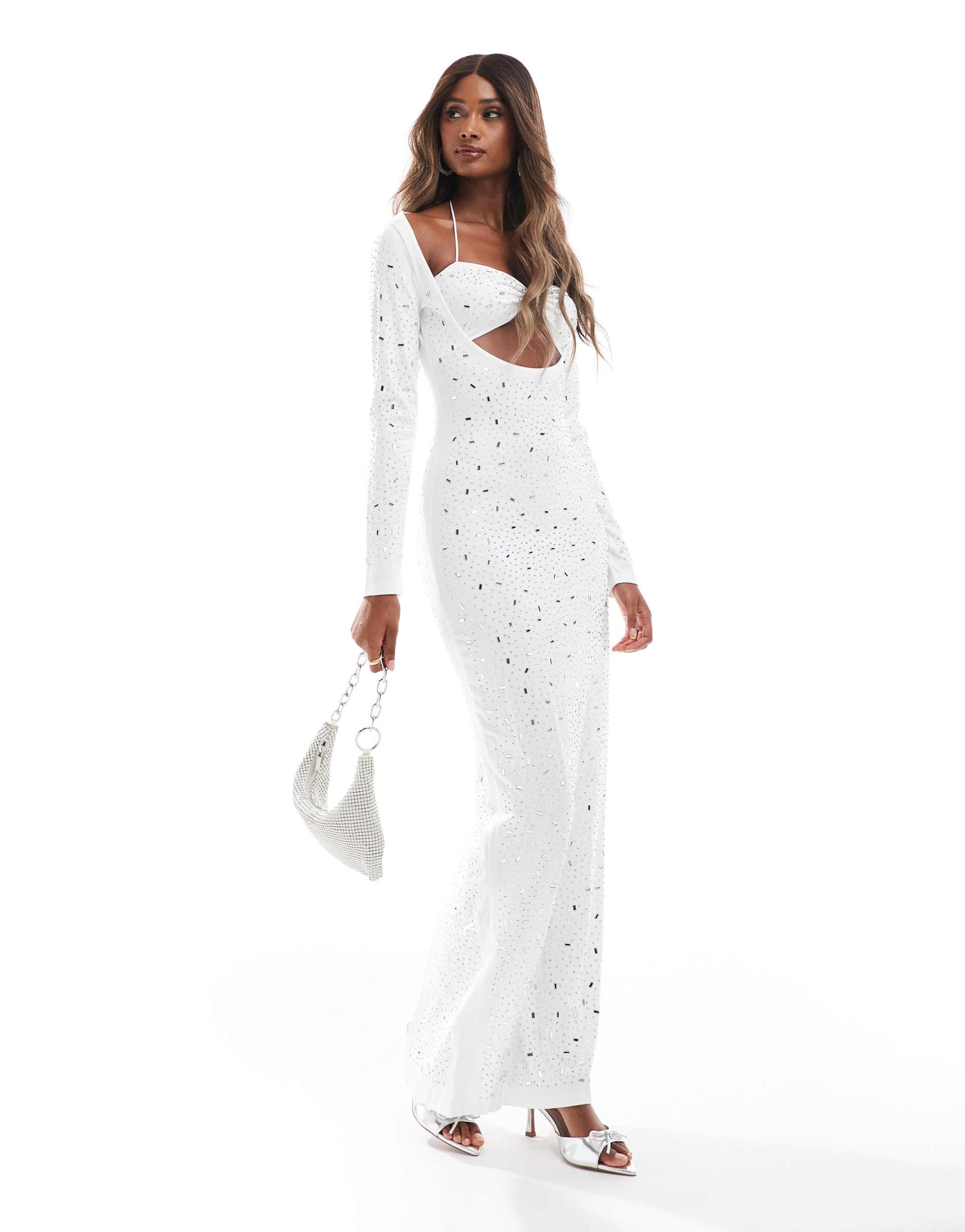 murci exclusive diamante cut out long sleeve maxi dress in white