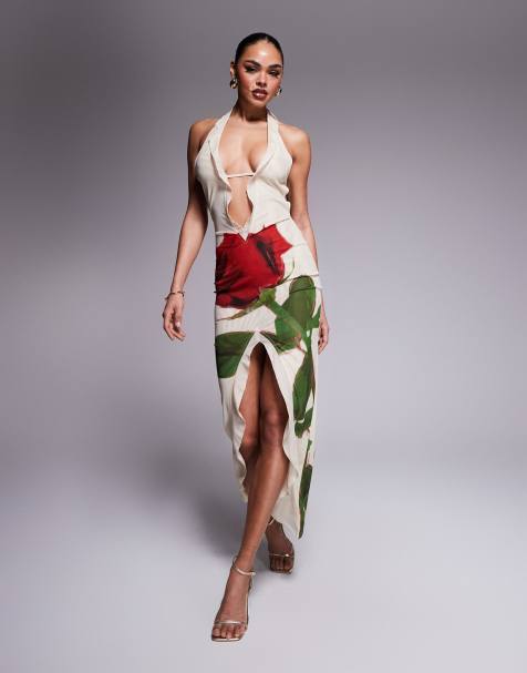 Murci - Exclusive - Diepuitgesneden maxi jurk van mesh met ruches, halternek, open achterkant en split in crème met rozenprint - view 1
