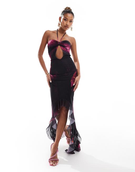 Murci Exclusive – Fioletowa siateczkowa sukienka maxi z dekoltem typu halter z łezką i asymetrycznym dołem z falbankami we wzór w lilie