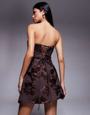 Murci Exclusive Flower Applique Structured Bandeau Mini Dress In Purple