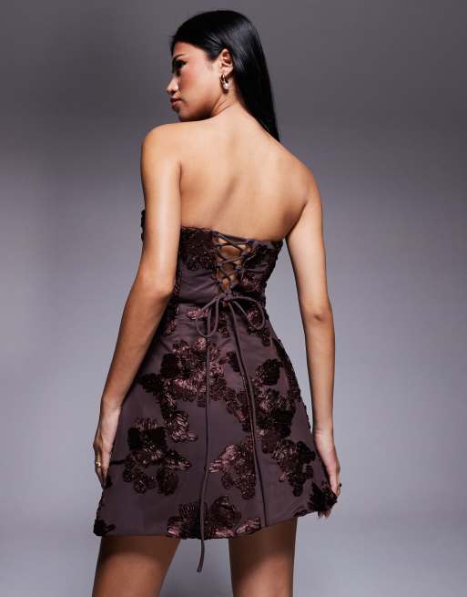 Murci exclusive flower applique structured bandeau mini dress in chocolate