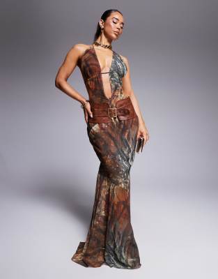 exclusive halterneck deep plunge maxi dress with leather look belt in snake print-Multi