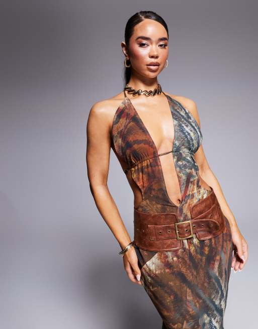 Murci exclusive halterneck deep plunge maxi dress with leather look belt in snake print, 3 of 4