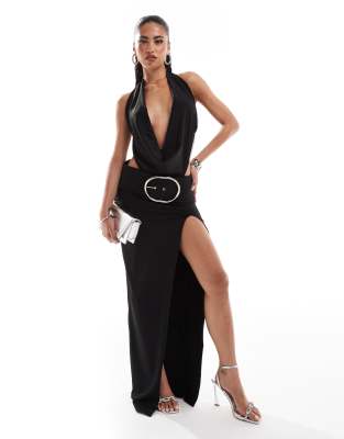 exclusive halterneck deep plunge oversized buckle thigh split maxi dress in black