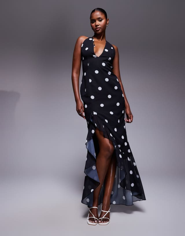 DouDou flocky dot dress　ブラック M Murci exclusive halterneck deep plunge ruffle high low hem maxi