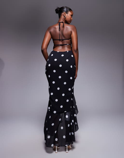 LILBETTER Women's Off Shoulder Ruffle Maxi Dress – Side Split Beach Dress With Pockets | Polka Dot Long Party Dress (Black, Large)