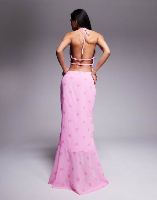 Murci exclusive halterneck deep plunge ruffle high low hem maxi dress in pink polka dot, 3 of 4