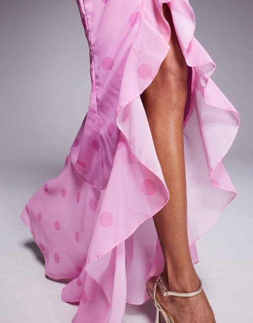 Murci exclusive halterneck deep plunge ruffle high low hem maxi dress in pink polka dot