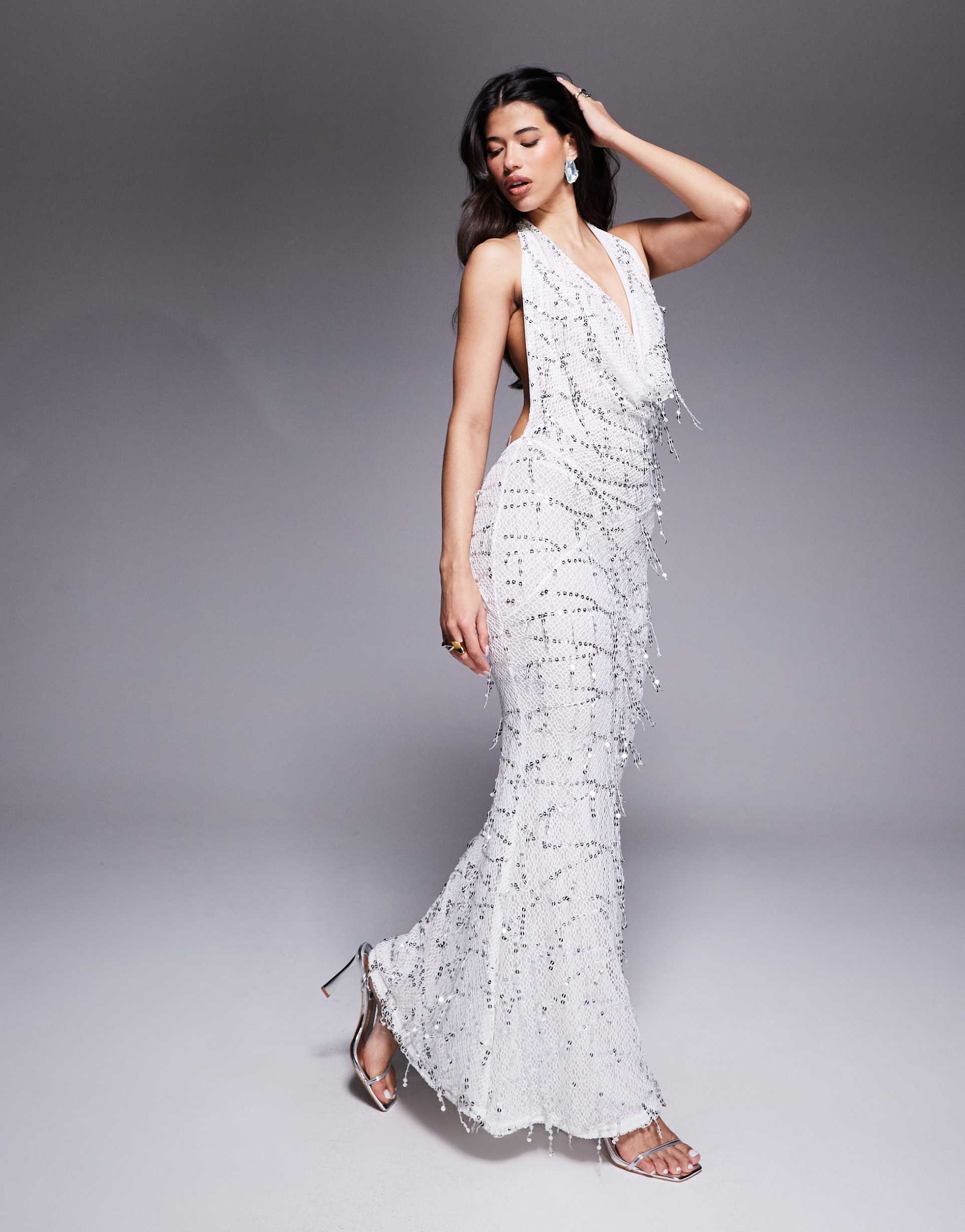 murci exclusive halterneck plunge cowl neck open back fishtail maxi dress in silver sequin