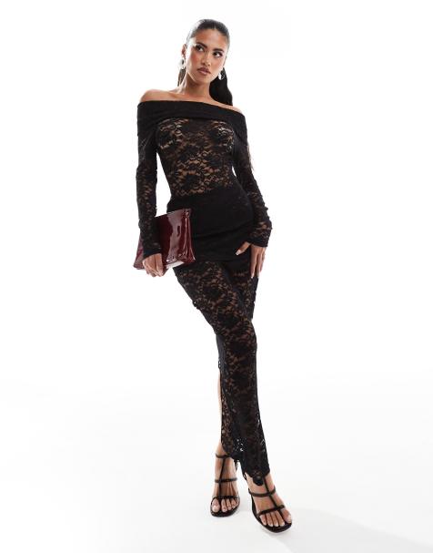 Murci - Exclusive - Kanten set van bardot-top en maxi rok in zwart - view 1