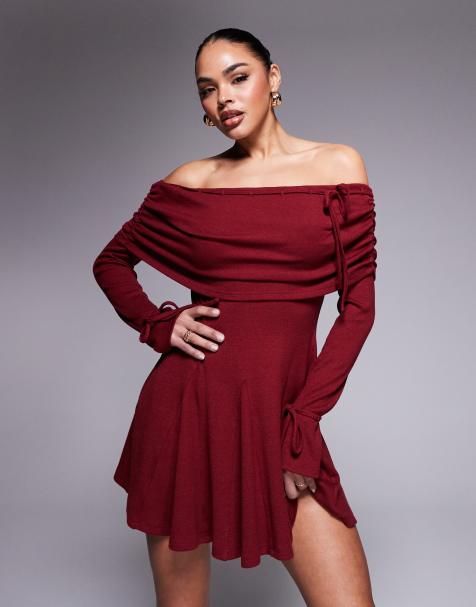 Murci exclusive knitted bardot fold detail flippy hem mini dress in burgundy - view 1