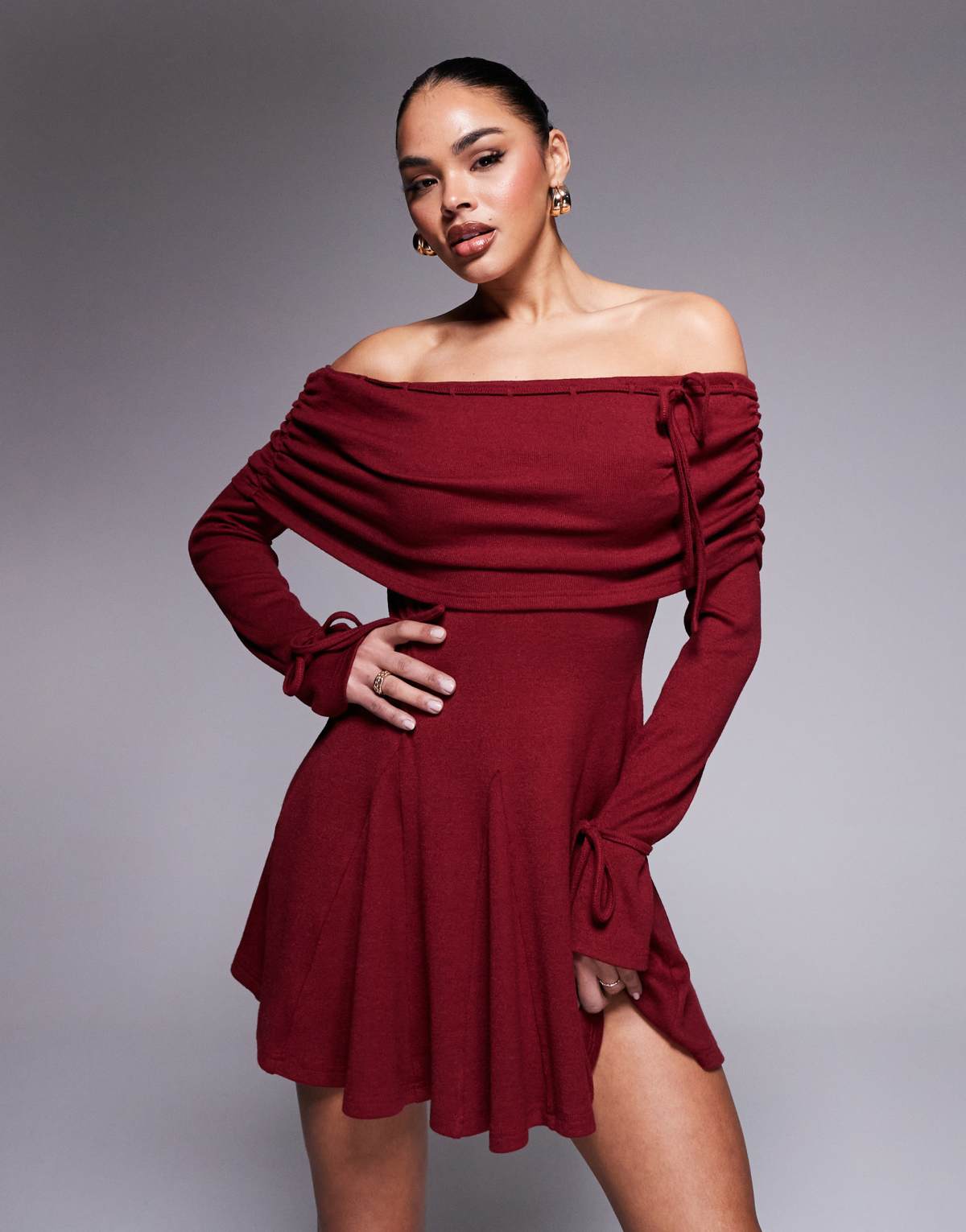 Murci exclusive knitted bardot fold detail flippy hem mini dress in burgundy