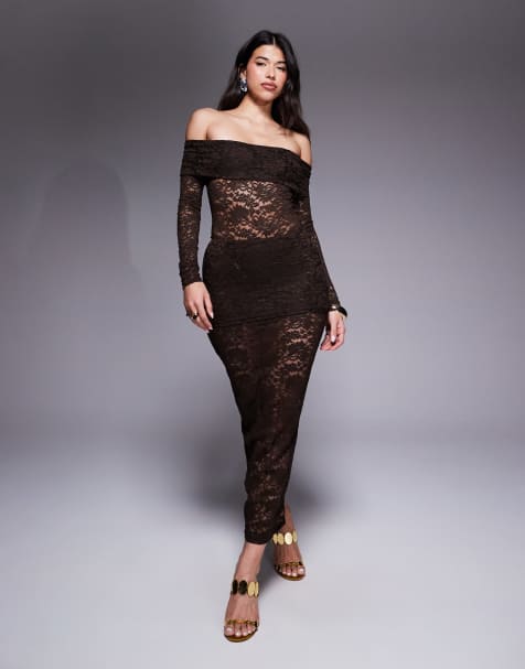 Murci exclusive sheer lace bardot bodysuit and foldover waist maxi skirt set in chocolate