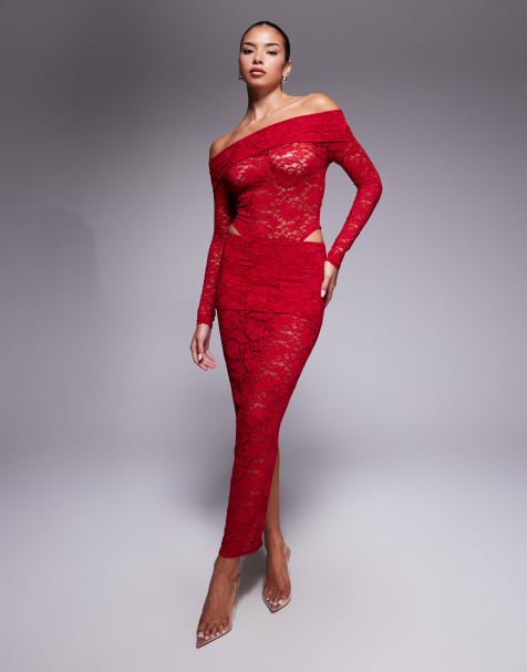 Murci exclusive lace bardot body and foldover waist maxi skirt set in red - view 1