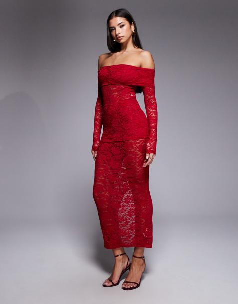 Murci exclusive sheer lace bardot bodysuit and foldover waist maxi skirt set in red