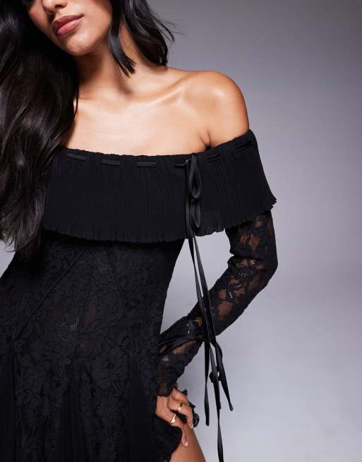 Murci exclusive lace bardot fit and flare godet detail mini dress in black