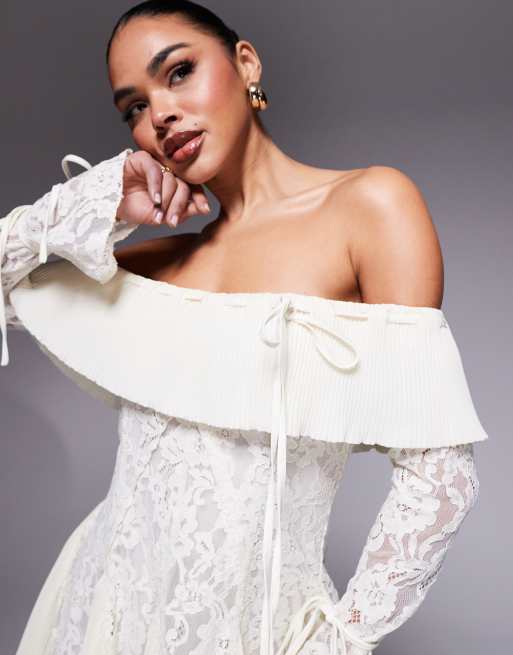 Murci exclusive bardot fit and flare lace mini dress in cream