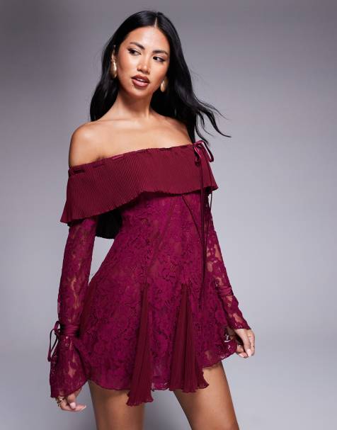 Murci exclusive lace bardot fit and flare godet detail mini dress in plum - view 1