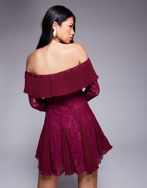 Murci exclusive lace bardot fit and flare godet detail mini dress in plum