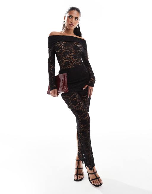 Murci exclusive lace bardot top and maxi skirt set in black