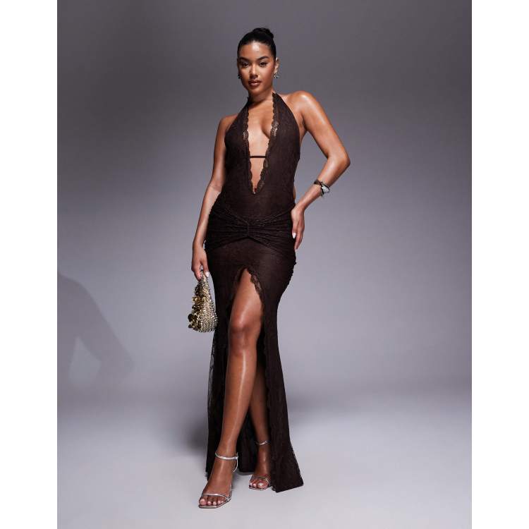 Murci exclusive lace halterneck deep plunge front slit maxi dress