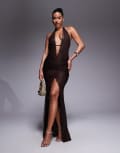 [Murci] Murci exclusive lace halterneck deep plunge front split maxi dress in chocolate-Brown 10 BROWN