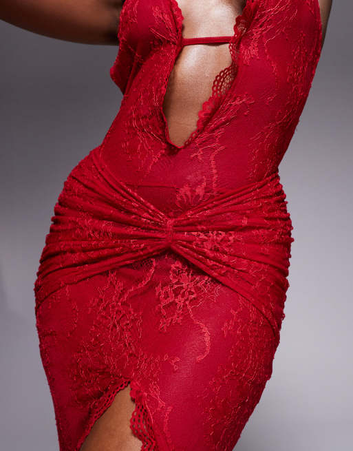 Murci exclusive lace halterneck deep plunge front split maxi dress in red