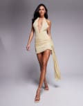 [Murci] Murci exclusive lace halterneck plunge neck tie drape detail mini dress in yellow-White 8 YELLOW