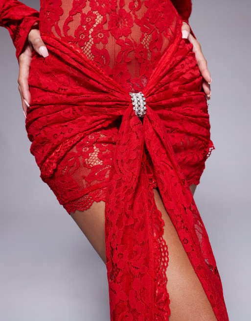 Murci exclusive lace high neck long sleeve diamante detail drape front mini dress in red